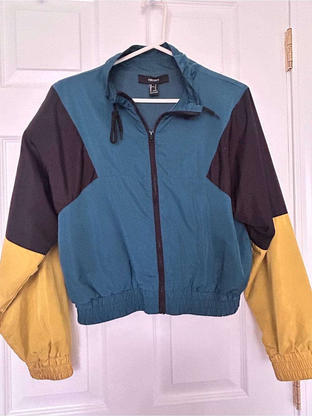 Forever 21 Teal, Black & Mustard Colorblock Bomber Jacket